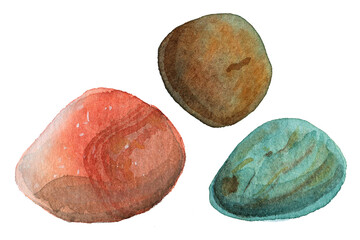 Watercolor sea pebbles set, geology, blue, turquoise stones. Natural texture with paint splashes. Can be used for print, postcard. Hand drawn raster stock illustration in realism, traditional drawing