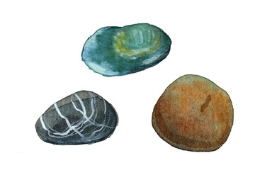 Watercolor sea pebbles set, geology, blue, turquoise stones. Natural texture with paint splashes. Can be used for print, postcard. Hand drawn raster stock illustration in realism, traditional drawing