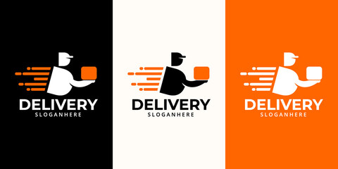 Delivery  Logo designs Template. Illustration vector graphic of  delivery man courier holding  box  logo design concept. Perfect for business logotype,Delivery service, Delivery express logo design.  
