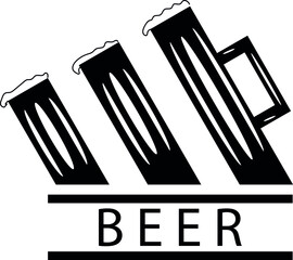 three oblique mugs of beer with froth and the inscription beer made in black and white
