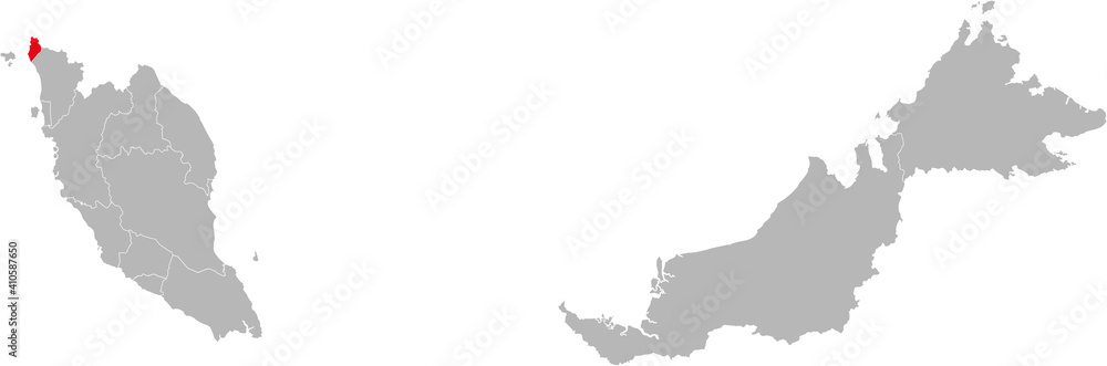 Wall mural perlis state isolated on malaysia map. gray background. business concepts and backgrounds.