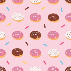 Donut seamless pattern. Pink donut with different topping on pink background