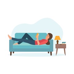 Rest at home. The girl is lying on the couch and reading a book. Vector illustration