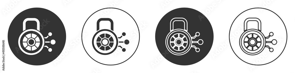Poster black cyber security icon isolated on white background. closed padlock on digital circuit board. saf