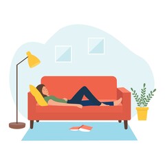 Obraz premium Rest at home.Sleeping woman at home sofa. Relaxing person.Woman nap after reading book. vector illustration.