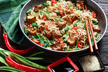 Sweet and sour tofu, chicken, and wok noodles