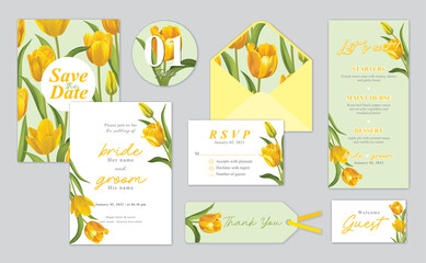 Fototapeta premium Tulip flower background template. Vector set of floral element for wedding invitations, greeting card, envelope, voucher, brochures and banners design.