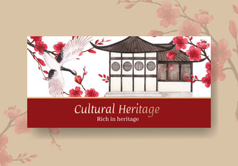 Twister template with Happy Chinese New Year concept design with social media and community watercolor vector illustration