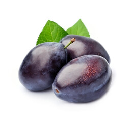 Sweet plums with leaves on white backgrounds