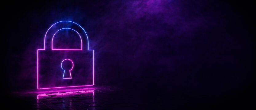 Pink and blue neon light lock icon. Vibrant colored technology symbol, isolated on a black background. 3D Render 