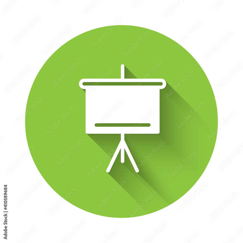 Poster white chalkboard icon isolated with long shadow. school blackboard sign. green circle button. vector
