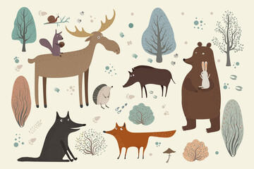 Vector set with forest animals in hand drawn style. Funny animals and trees isolated on a light background. Squirrel, moose, rabbit, wolf and fox.