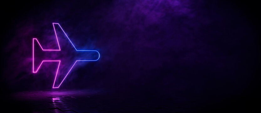 Pink and blue neon light airplane icon. Vibrant colored technology symbol, isolated on a black background. 3D Render 