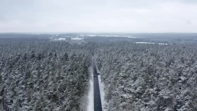Drone flying along a street in a snowy winter forrest with snow-powdered trees at each side.