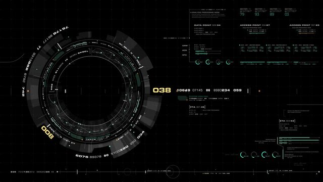 Futuristic motion graphic user interface head up display screen template, digital data telemetry information display with alpha channel for graphic overlay