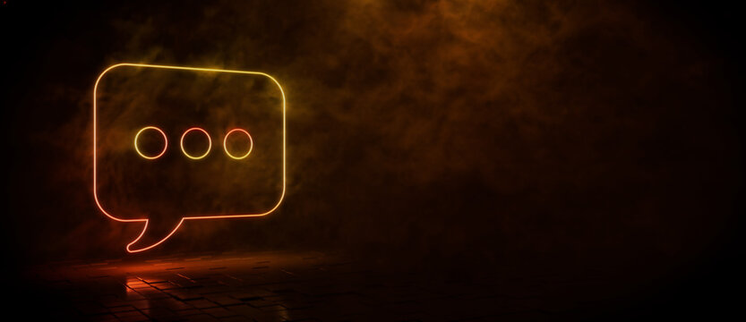 Orange and yellow neon light sms icon. Vibrant colored technology symbol, isolated on a black background. 3D Render 