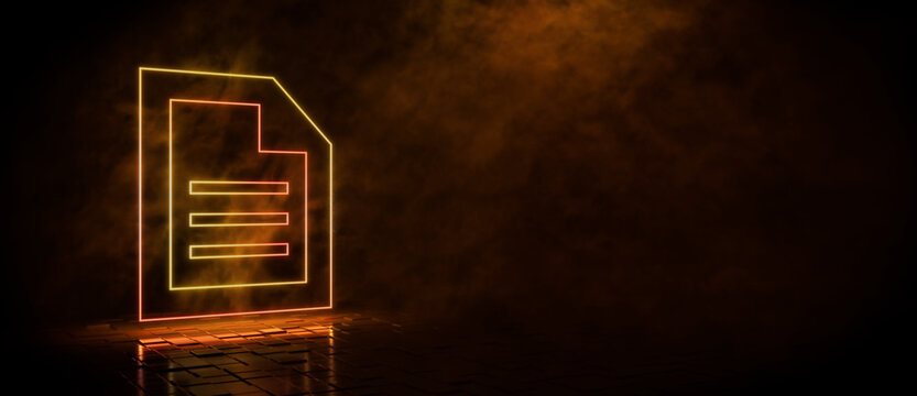 Orange and yellow neon light document icon. Vibrant colored technology symbol, isolated on a black background. 3D Render 