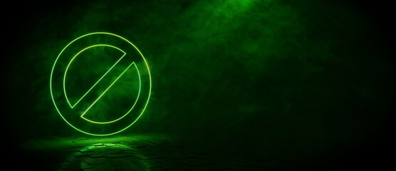 Green neon light no entry icon. Vibrant colored technology symbol, isolated on a black background. 3D Render 