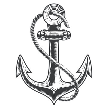 Anchor with rope. Hand drawing. Isolated on a white background. Suitable for tattoos, postcard design, magazines, banners, etc.