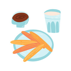 Tradition Spanish, Portuguese dessert set. A pastry sweet snack on a dish, chocolate dip in a bowl and a glass of milk.