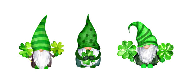 Set of St Patrick day gnomes in striped and decorated hats with four leaves clovers - luck symbols. Watercolor green scandinavian dwarfs collection, bundle in celtic, irish style