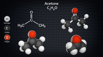Structural chemical formula and molecular structure of acetone. Formule C3H6O. Chemical structure model: Ball and Stick + Balls + Space-Filling. 3D illustration.