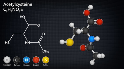 Molecular structure of Acetylcysteine(also known as N-acetylcysteine or NAC). C5H9NO3S. Acetylcysteine mucolytic, expectorant, detoxifying medical drug. Ball and Stick. 3D illustration.