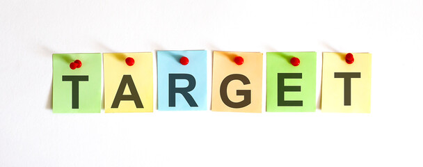 TARGET phrase is written on multi-colored stickers, on the white background. Business concept, strategy, plan