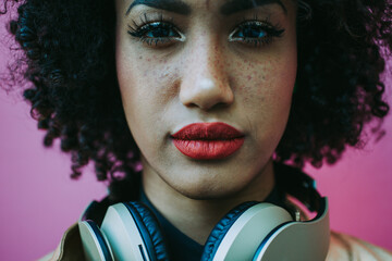 Beautiful latin woman with curly hair, portrait set in the city
