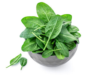 Spinach leaves  in a bowl isolated on white background. Spinach leaf  Top view. Flat lay. Dieting lunch  food.
