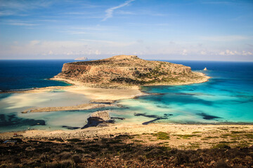 view of the beach of balos in greece, from afar