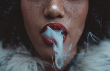 Woman smoking, close up on smoke and mouth - obrazy, fototapety, plakaty