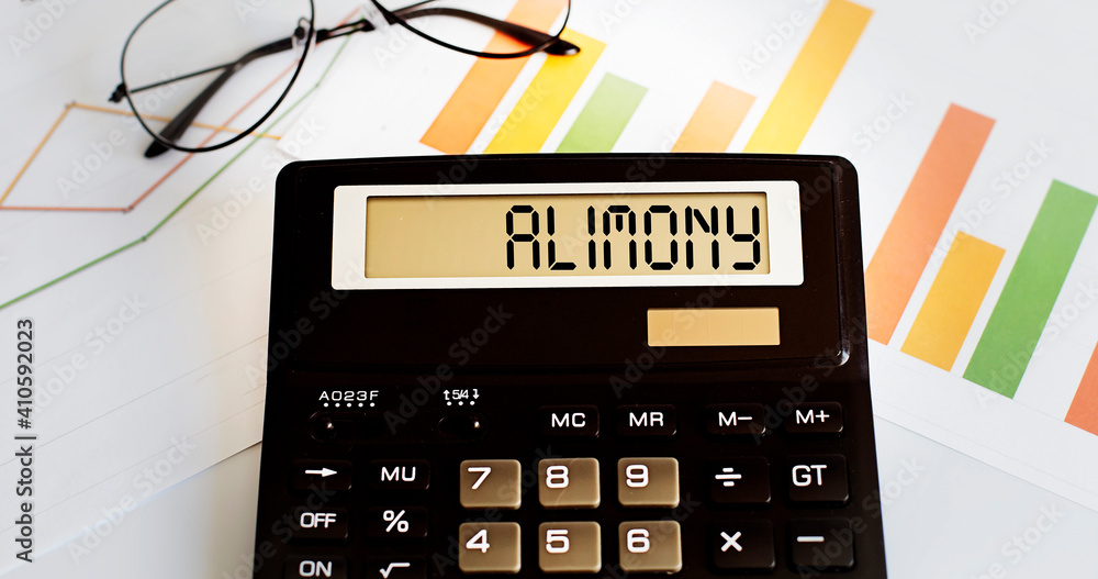 Aufkleber calculator with the word alimony on the display with chart and glasses