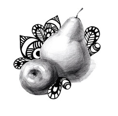 fruit sketch of an apple and a pear with abstract leaves and feathers 4