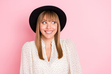 Photo of inspired lady look empty space toothy beaming smile wear retro hat dotted blouse isolated pink color background