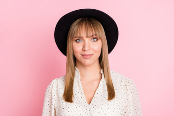 Photo of charming young lady look camera wear retro headwear dotted blouse isolated pink color background