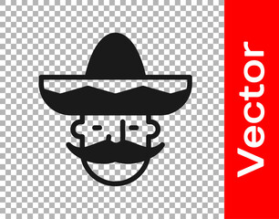 Black Mexican man wearing sombrero icon isolated on transparent background. Hispanic man with a mustache. Vector.