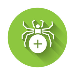 White Spider icon isolated with long shadow. Happy Halloween party. Green circle button. Vector.