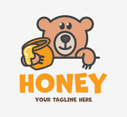 Cute bear holds a jar of honey. Funny healing honey logo. Design for print, emblem, t-shirt, party decoration, sticker, logotype.