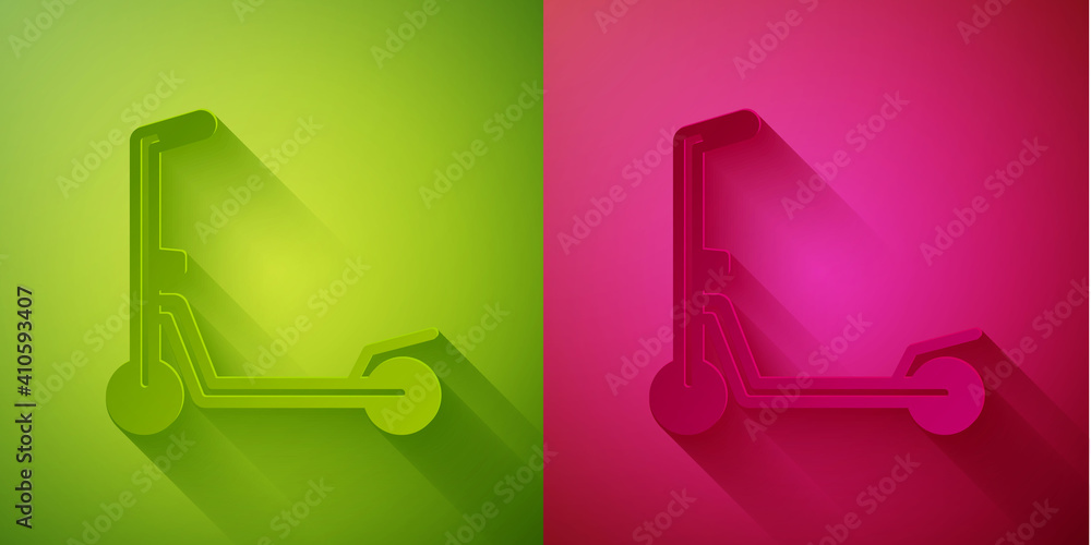 Wall mural Paper cut Roller scooter for children icon isolated on green and pink background. Kick scooter or balance bike. Paper art style. Vector.