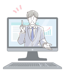 オンラインで説明をするスーツを着た男性のイラスト
