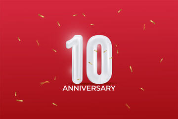10 th Anniversary celebration. vector illustration with balloon number, sparkling confetti on red background.