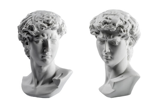 Gypsum statue of David's head. Michelangelo's David statue plaster copy isolated on white background. Ancient greek sculpture, statue of hero