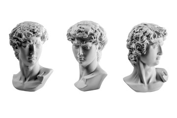 Gypsum statue of David's head. Michelangelo's David statue plaster copy isolated on white...