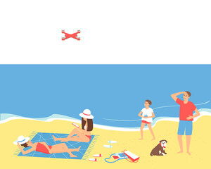Family resting on the beach by the sea in seclusion. Dad and son are launching a quadcopter. Mom and daughter are sunbathing. The girl sits and reads an e-book. Flat vector illustration.