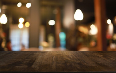 Empty wooden table in front of abstract blurred background of coffee shop . can be used for display or montage your products.Mock up for display of product