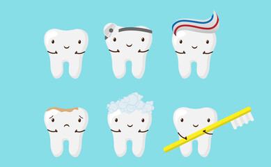Happy teeth set. Dental collection for your design. Vector cartoons. Illustrations for children dentistry.