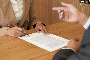 Female lawyer handshake with client. Business partnership meeting successful concept.