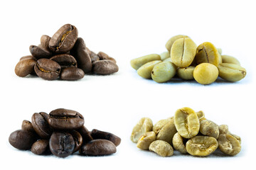 Coffee Beans Isolated on white background, Unroasted and roasted heap of Coffee Beans  on white Background. Aromatic beverage made from natural ingredients.