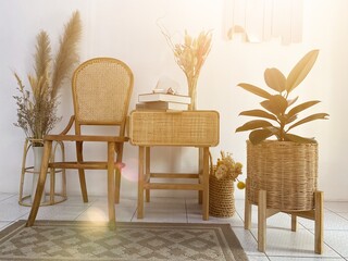 House interior with decorated in minimal style. white Brick wall style with seasonal plant at the corner and wood furniture